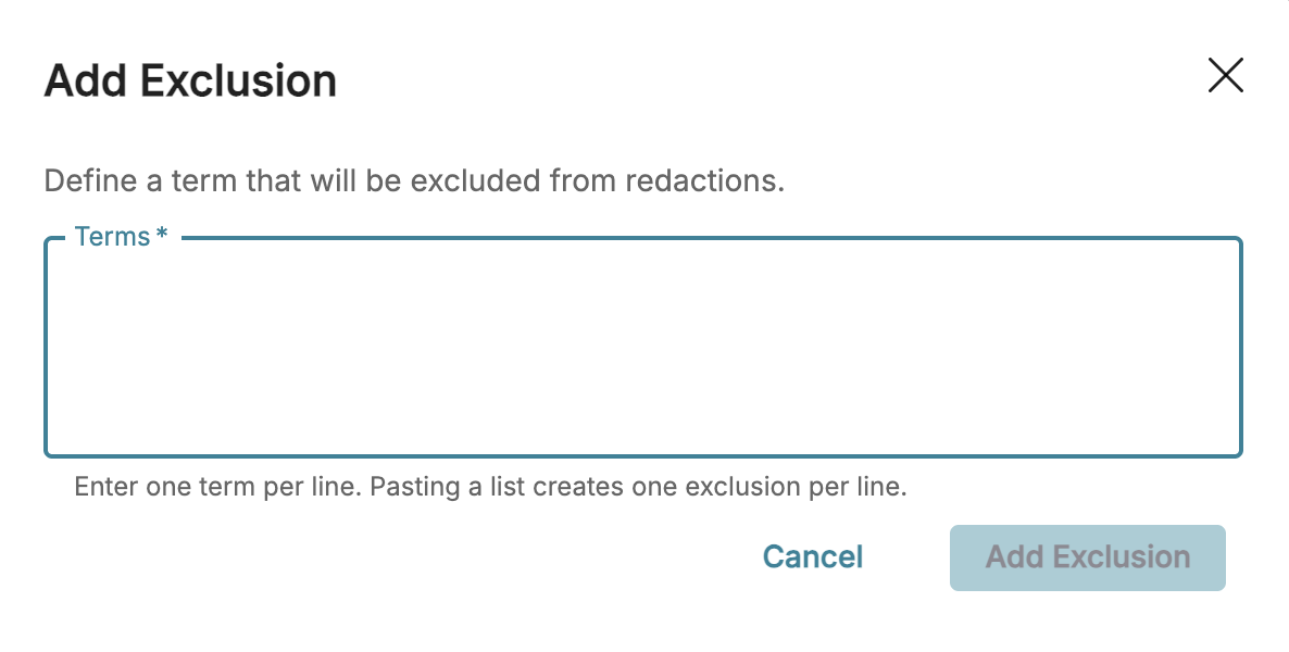 Input field for defining terms to exclude from redactions in a document.
